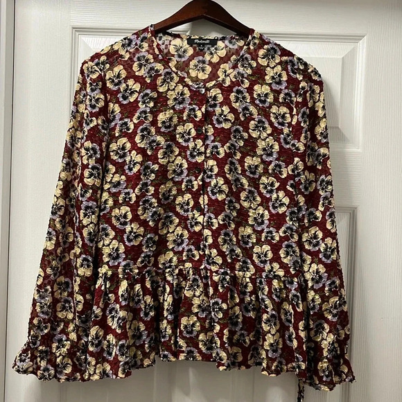 Madewell Viola floral pansy drawstring ruffled peplum top - Picture 2 of 8